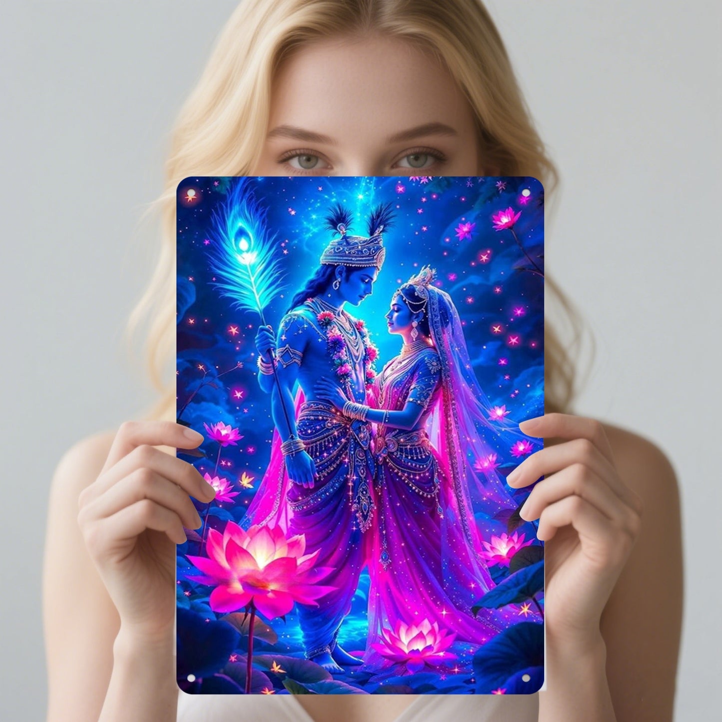 2D Flat 1pc Radha Krishna Divine Radiance Metal Wall Art 12x8" Blue and Pink Deities Starry Night and Lotus Flower Design Spiritual Decor for Meditation Room Living Room Religious Gift