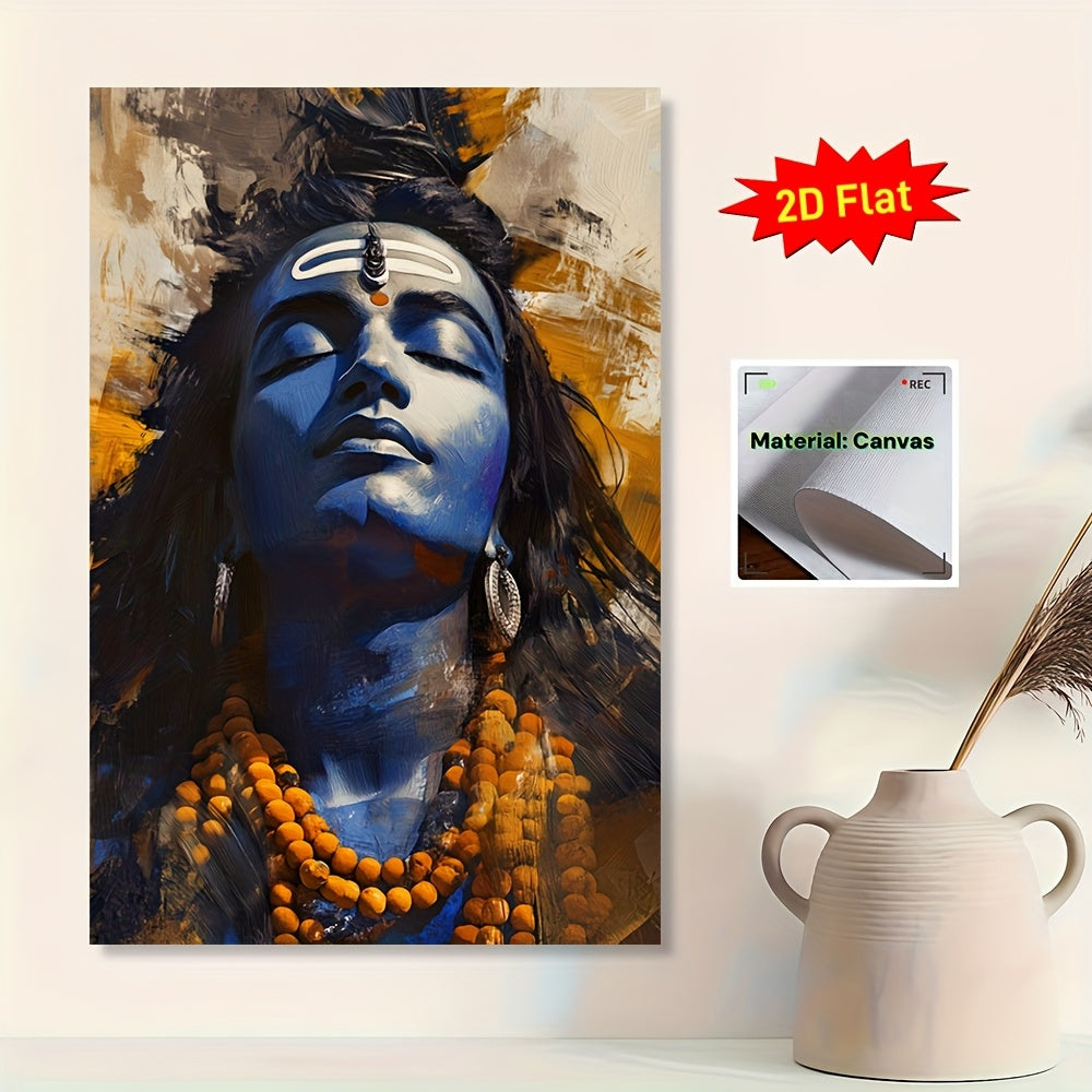 2D Flat Lord Shiva Hindu Deity Framed Canvas Wall Art | Indian Religious Artwork with Auspicious Red and White Ganga Jamuni Tikona | Ready to Hang Scroll Poster for Home Temple Office or Spiritual Gift | Compatible with Indian Scroll Rods