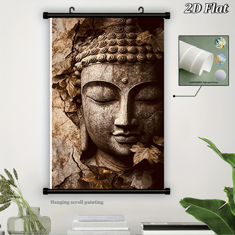 2D Flat 1pc Buddha Face Hanging Scroll Canvas Painting | French Art Deco Contemporary Zen Wall Art in Beige and Brown | Frameless Scroll for Meditation Spaces Living Room Bedroom or Office | Durable Spiritual Decor