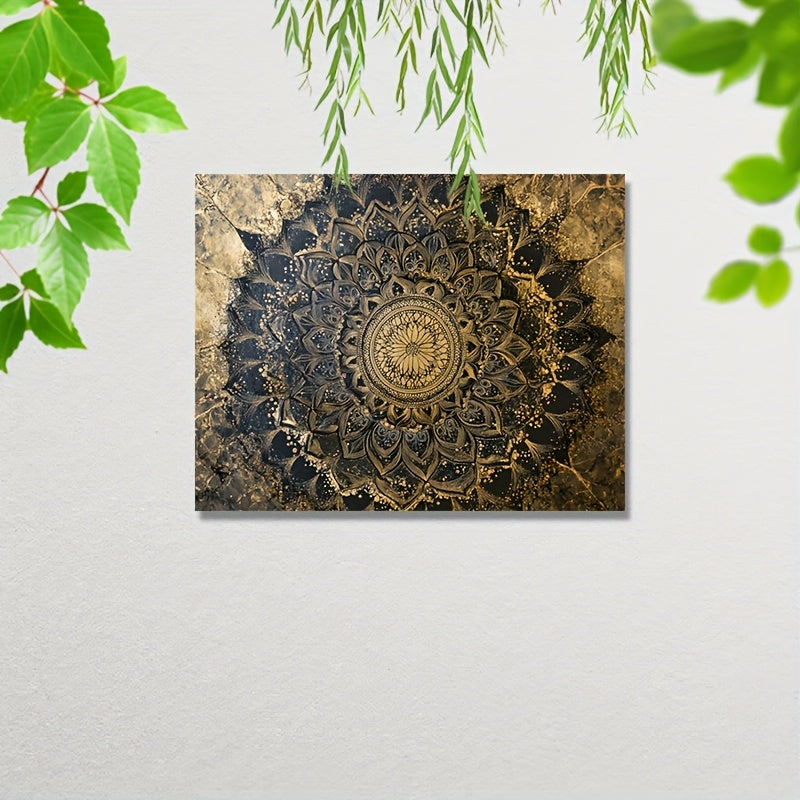 Golden Mandala Canvas Wall Art with Wooden Frame – Elegant Spiritual Floral Design for Living Room, Bedroom & Nursery Decor