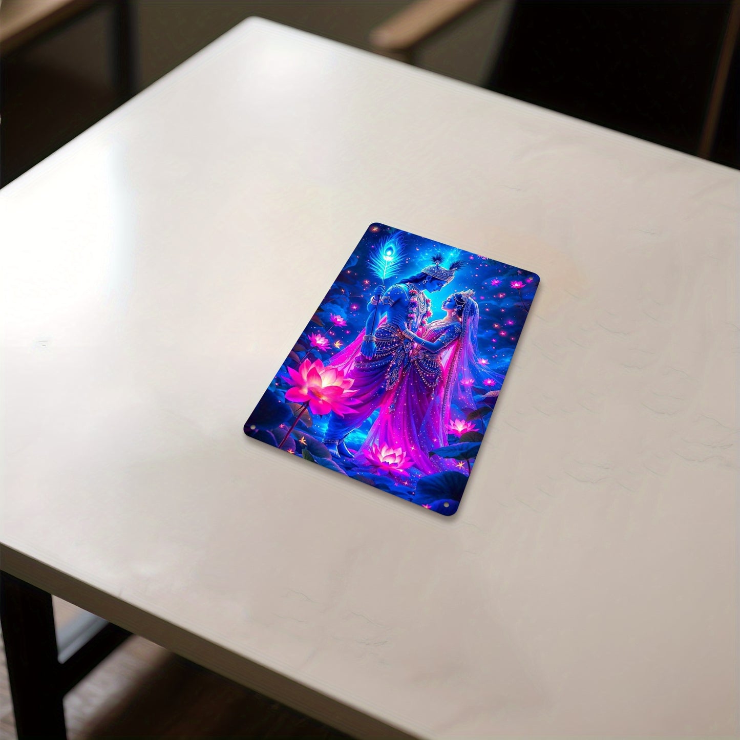 2D Flat 1pc Radha Krishna Divine Radiance Metal Wall Art 12x8" Blue and Pink Deities Starry Night and Lotus Flower Design Spiritual Decor for Meditation Room Living Room Religious Gift