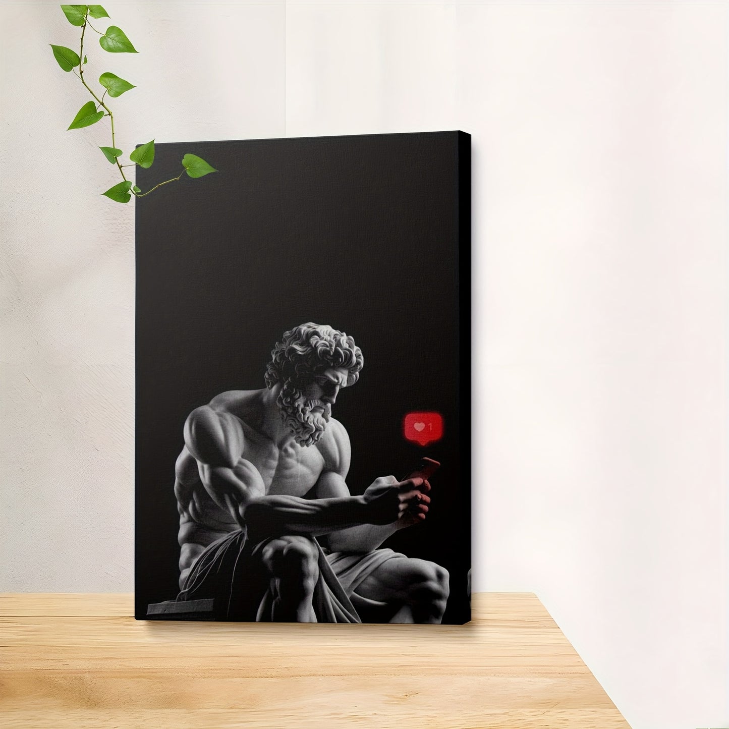 2D Flat Framed Zeus Canvas Artwork | Statue of Zeus with Phone | Mythology Wall Art for Living Room Bedroom Office Study or Gallery