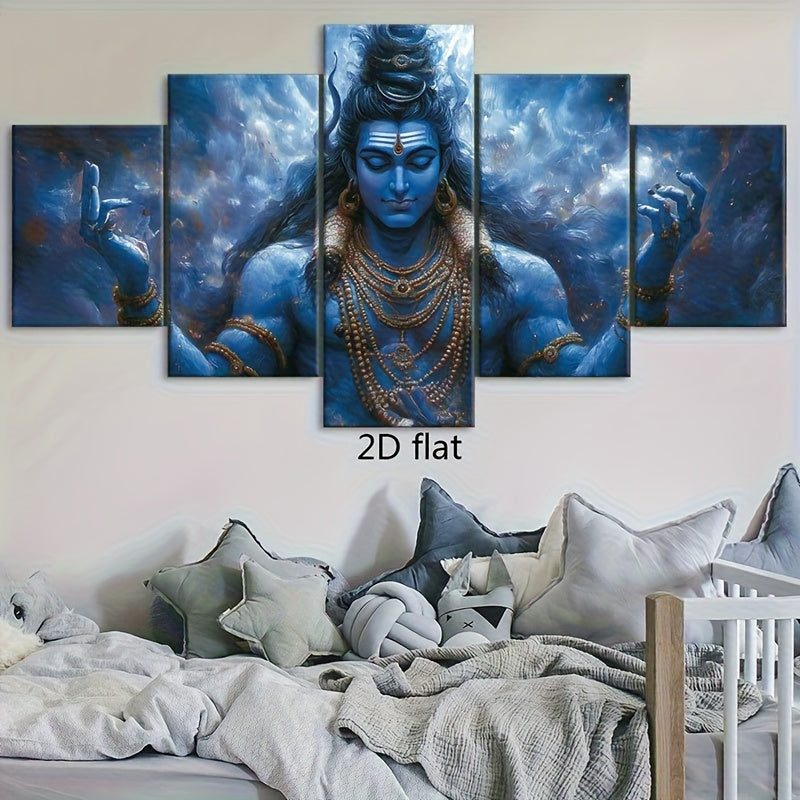 2D Flat 5pcs Frameless Canvas Hindu Shiva Portrait Statue Religious Theme Wall Art Spiritual Home Decor for Living Room Bedroom Office Dining Area Bar