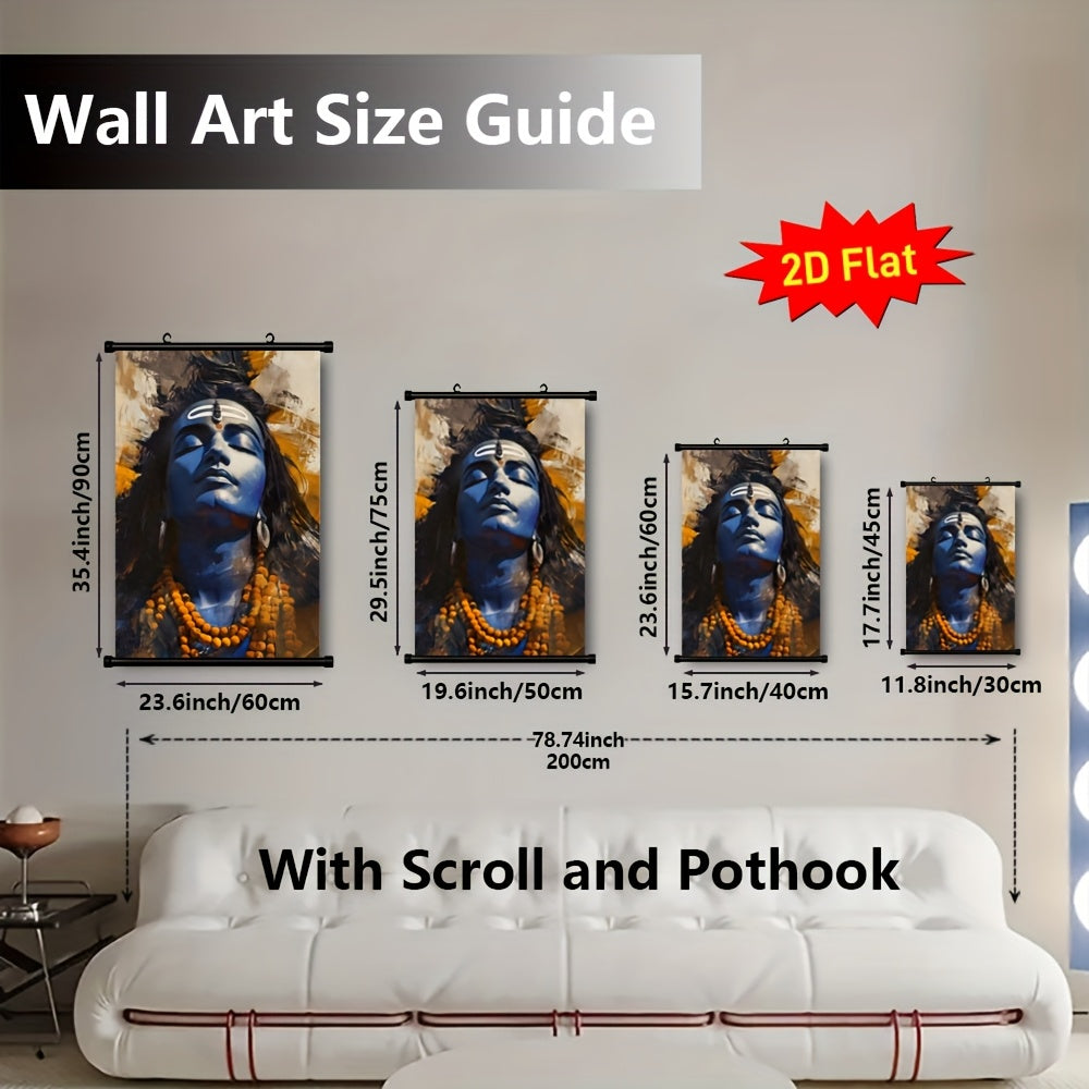 2D Flat Lord Shiva Hindu Deity Framed Canvas Wall Art | Indian Religious Artwork with Auspicious Red and White Ganga Jamuni Tikona | Ready to Hang Scroll Poster for Home Temple Office or Spiritual Gift | Compatible with Indian Scroll Rods