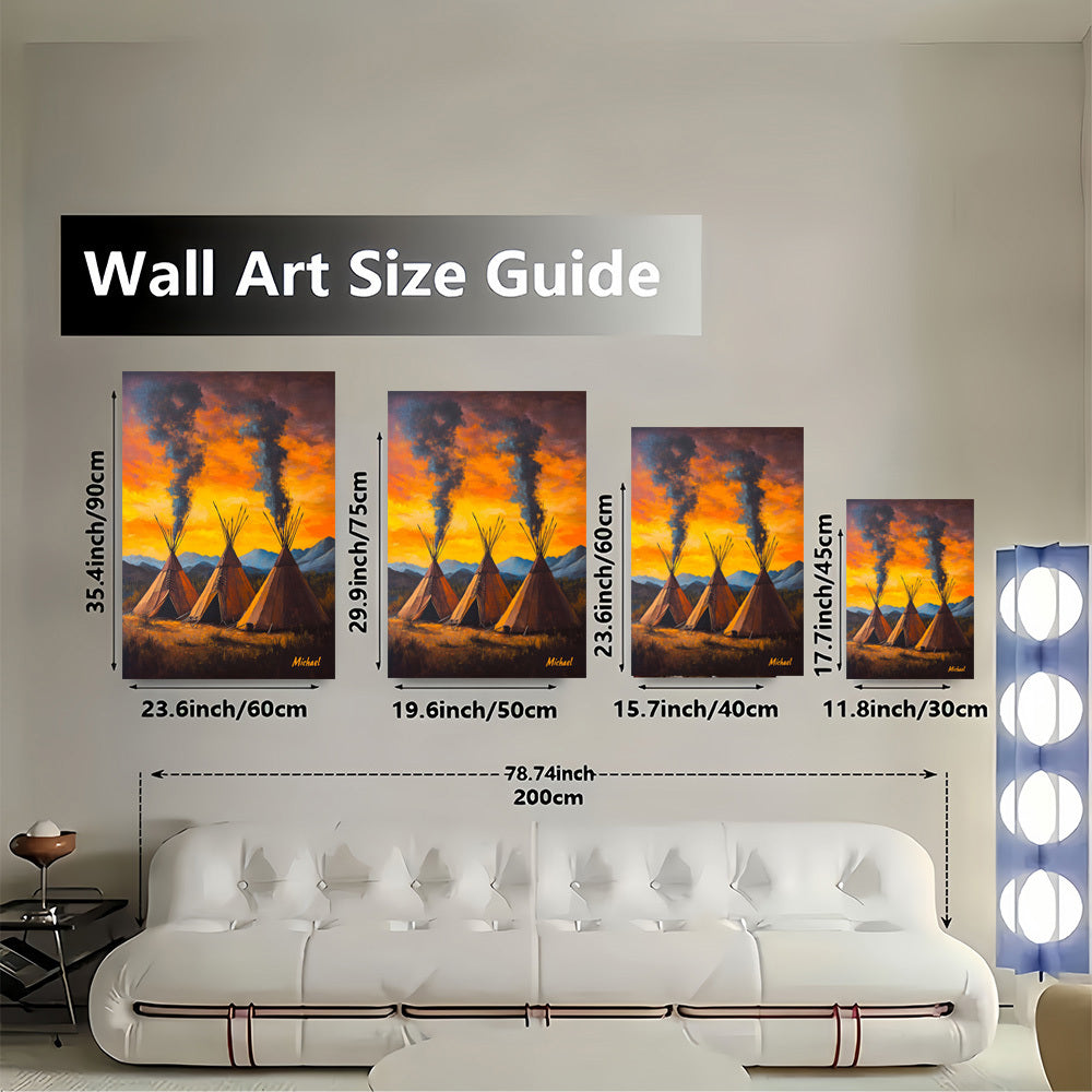 2D Flat, 1pc Native Teepee Sunset Wall Art - Wood Framed Canvas Painting with Turquoise Sky, Teepees & Mountains, Southwest Bohemian Decor for Home, Office, Cabin - Indian Tipi Landscape Print, 2D Flat