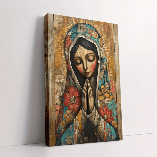 1pc 2D Flat Wooden Framed Virgin Mary and Jesus Canvas | Celebrate the Miracle of Birth | Classic Religious Masterpiece for Home | Multiple Sizes | 2D Flat