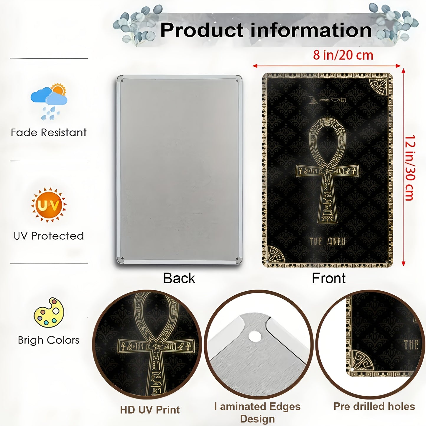 1pc Egyptian Ankh Cross Metal Wall Art | Golden and Black Ancient Egyptian Symbol with Hieroglyphic Border | 12x8 Inch Cultural Decor for Home Office Living Room Bedroom