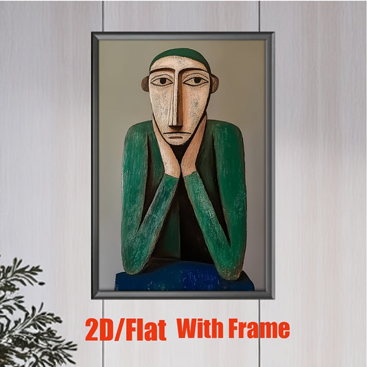 2D Flat 1pc Framed Modern Minimalist Abstract Man | Green Tone Portrait Wall Art for Living Room Office or Cafe | Ready to Hang Contemporary Home Decor Gift