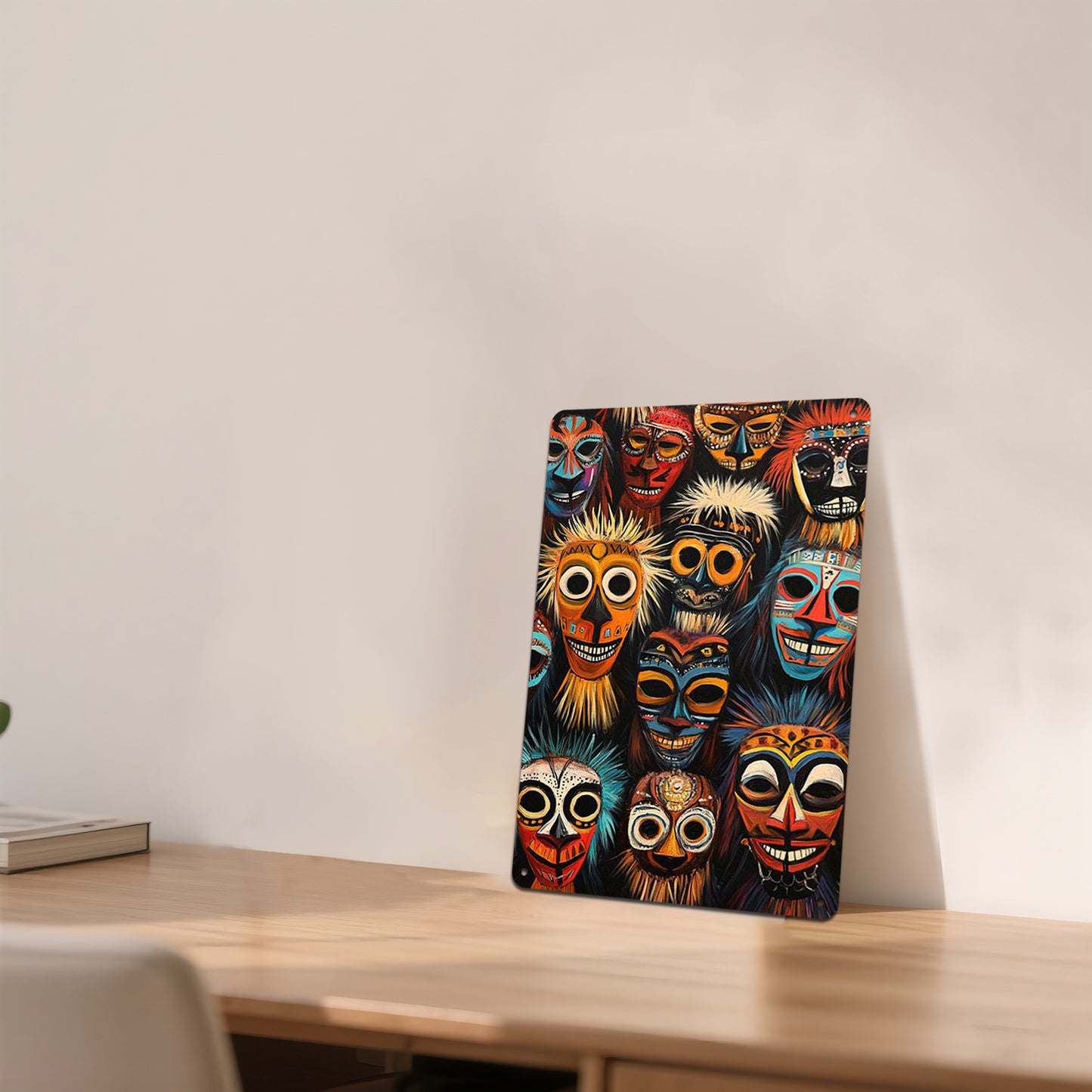 2D Flat African Tribal Mask Metal Sign | 12x8 Inch Cultural Wall Art Poster | Decorative Metal Wall Decor for Living Room Bedroom or Kitchen