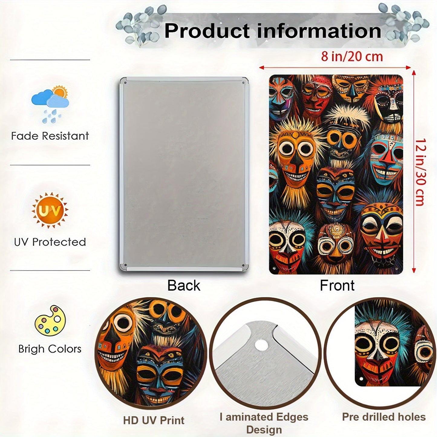 2D Flat African Tribal Mask Metal Sign | 12x8 Inch Cultural Wall Art Poster | Decorative Metal Wall Decor for Living Room Bedroom or Kitchen