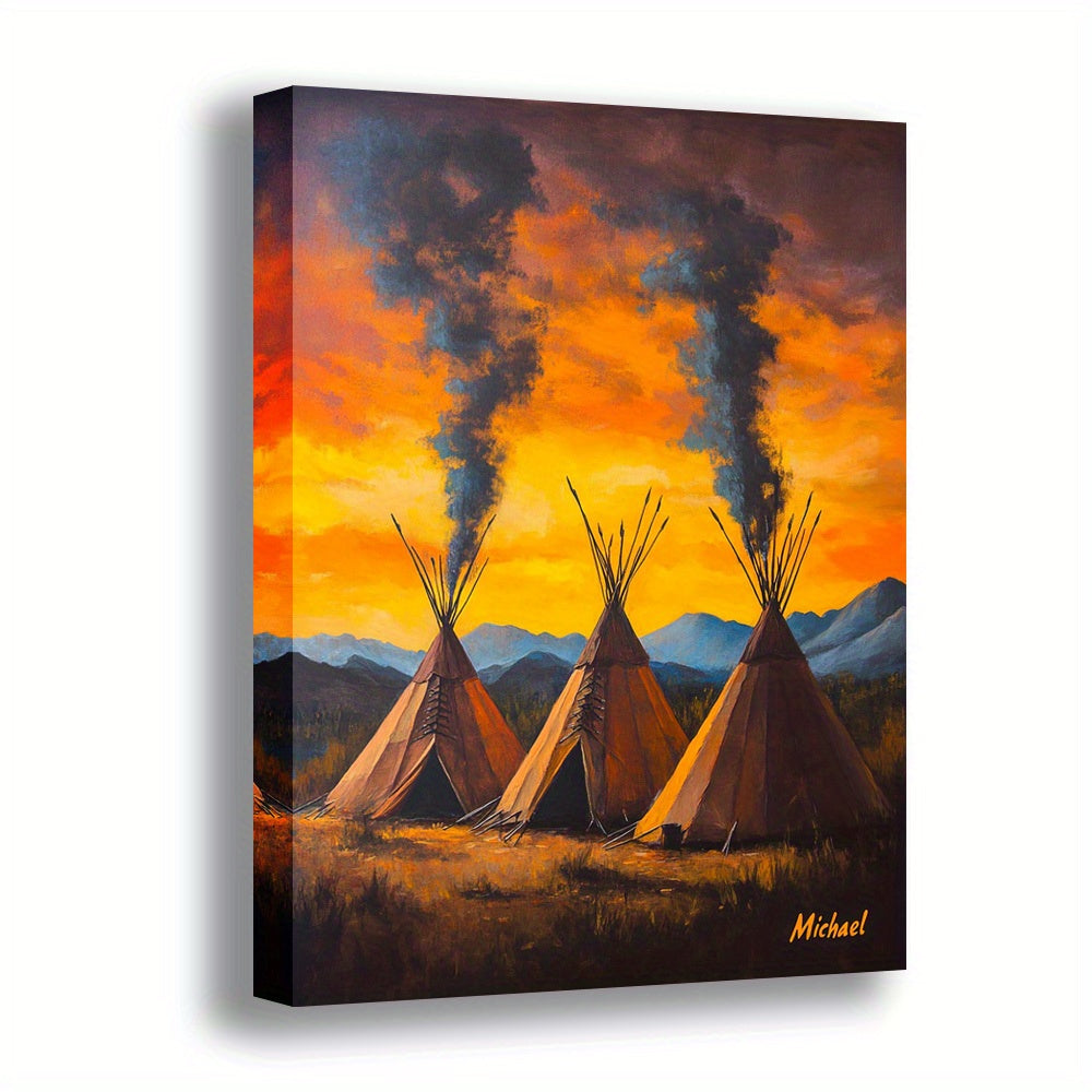 2D Flat, 1pc Native Teepee Sunset Wall Art - Wood Framed Canvas Painting with Turquoise Sky, Teepees & Mountains, Southwest Bohemian Decor for Home, Office, Cabin - Indian Tipi Landscape Print, 2D Flat
