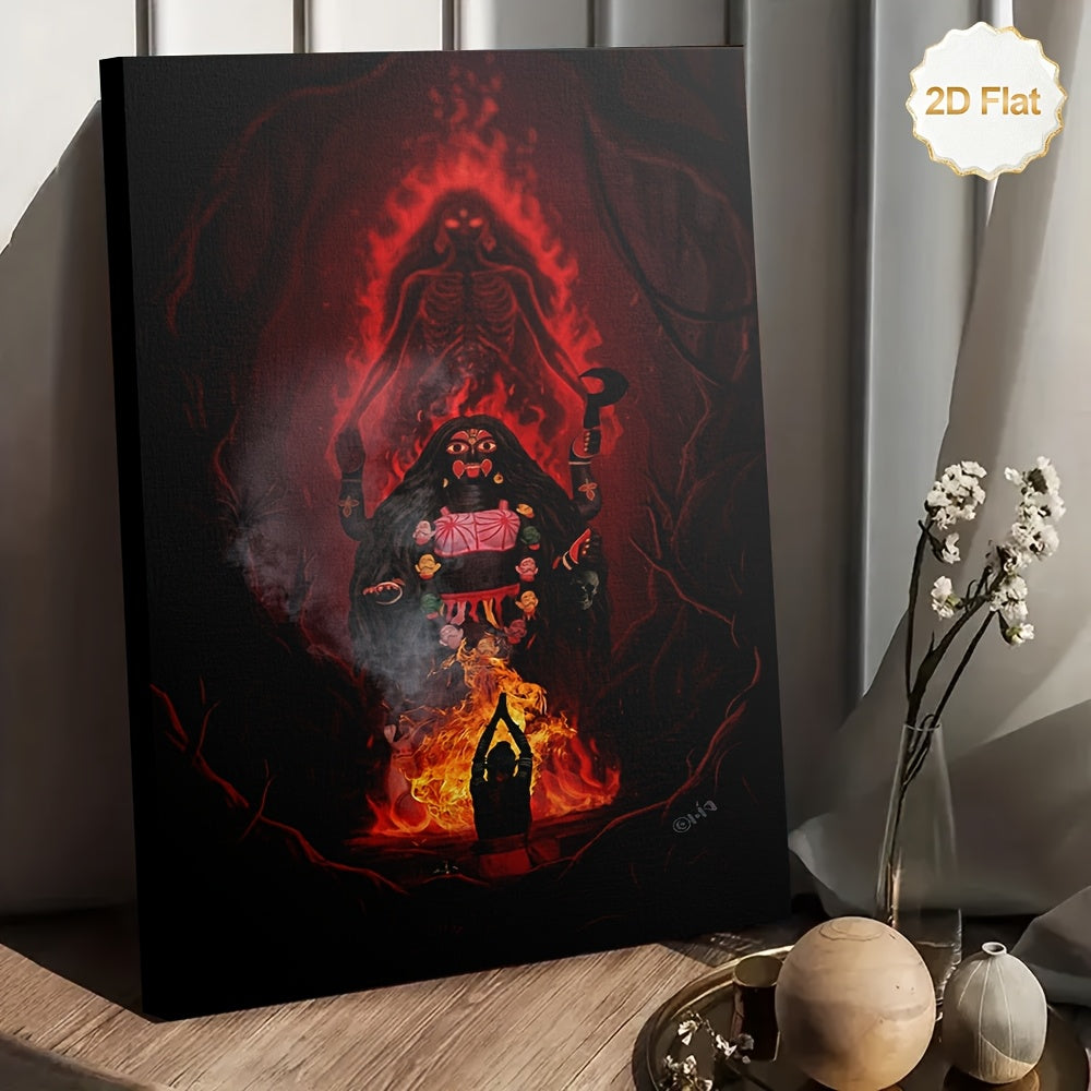 1pc 2D Flat Framed Canvas Painting Hindu Goddess Kali Skeleton and Flames Spiritual Wall Art for Living Room Bedroom Study Meditation Room Office