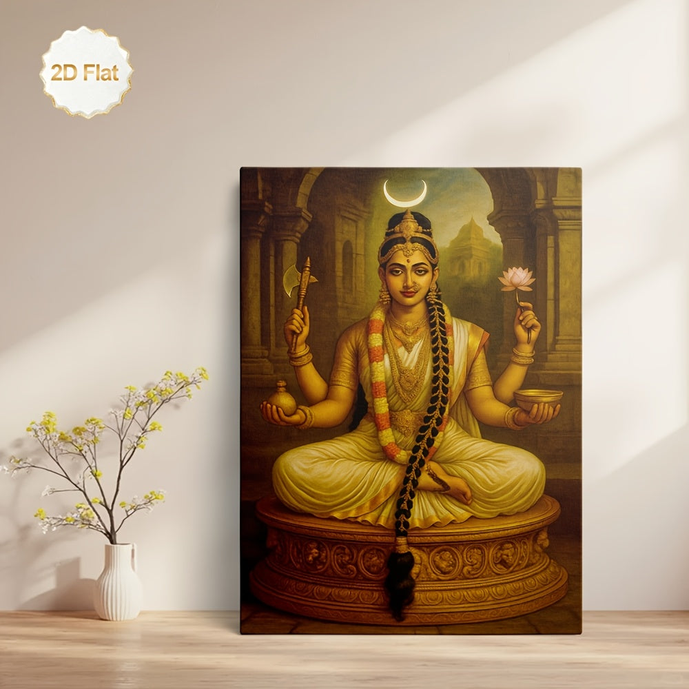 1pc 2D Flat Framed Hindu Goddess Devi Canvas Painting Crescent Moon Axe Lotus Pot Spiritual Wall Art for Living Room Bedroom Temple Meditation Room Study Office