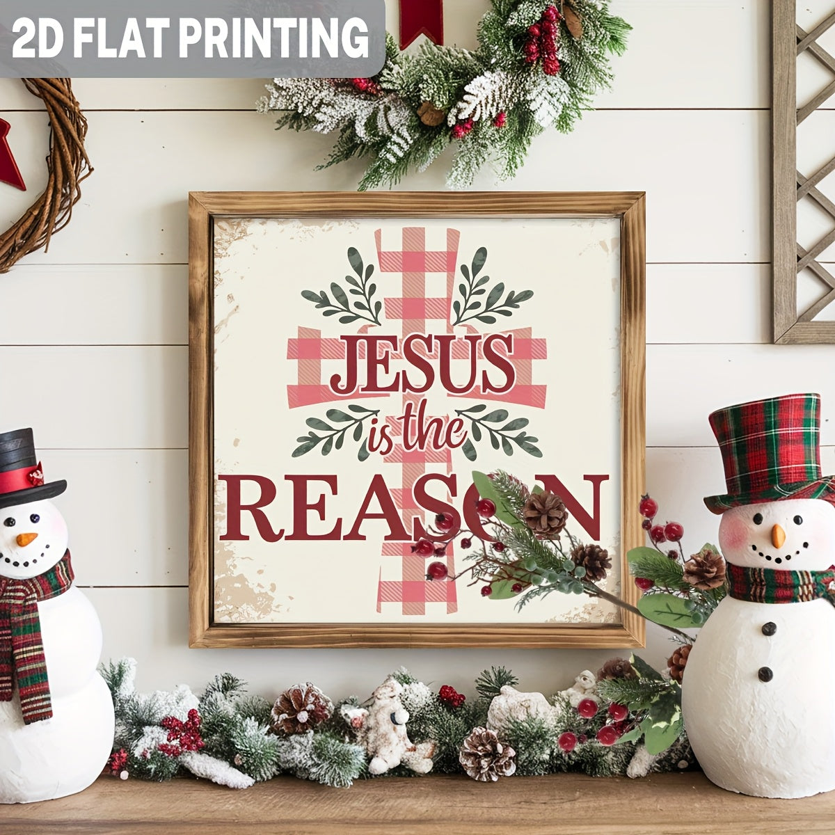 1pc 2D Flat Jesus Is the Reason Wooden Sign | Wooden Cross Scripture Wall Décor with Verse | Framed Farmhouse Design with Vertical Plaid and Greenery | Christian Home, Church, or Christmas Gift | 2D Flat