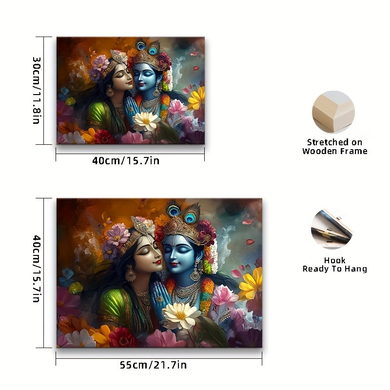 2D Flat Framed Radha and Krishna Sacred Love Canvas Art | Elegant Hindu Spiritual Wall Decor for Bedroom Living Room Office or Cafe