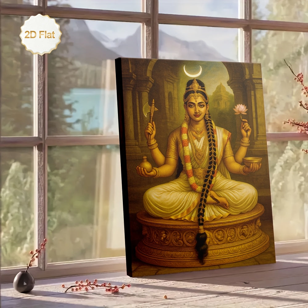 1pc 2D Flat Framed Hindu Goddess Devi Canvas Painting Crescent Moon Axe Lotus Pot Spiritual Wall Art for Living Room Bedroom Temple Meditation Room Study Office