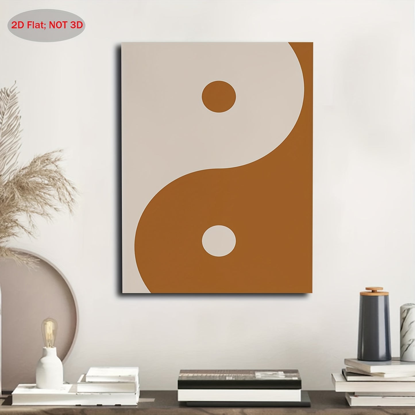 2D Flat 1pc Yin Yang Symbol Wall Art with Wood Frame Burnt Orange and Beige Boho Zen Meditation Decor Traditional Chinese Painting for Office Spa Harmony Balance Print 11.8x15.7 Inch Ready-to-Hang Framed Poster