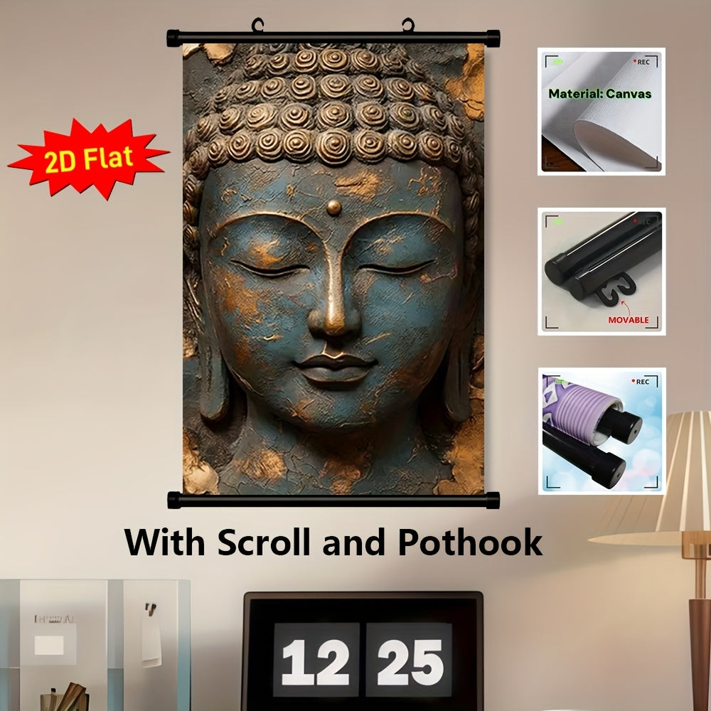2D Flat 1pc Hanging Scroll Canvas Wall Art Poster | Serene Buddha Face Design in Blue and Brown | Flat Canvas Print for Living Room Office Meditation Spaces | Spiritual Home Decor Gift | Ready to Hang