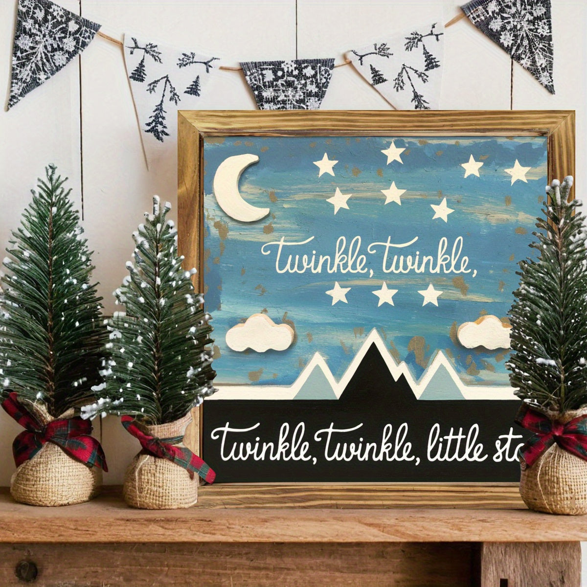 1pc 2D Flat Rustic Farmhouse Wood Framed Wall Art | Crescent Moon and Stars Night Sky in Blue and Golden Tones | Irregular Frame 2D Flat Panel for Bedroom Living Room Kitchen or Bathroom | Celestial Theme Home Décor