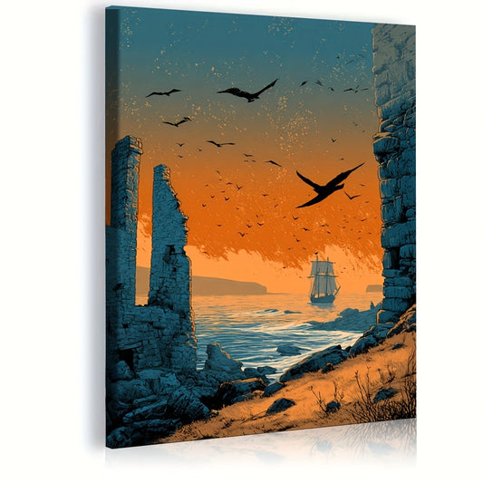 12x16 Inch Norse Viking Rune Framed Canvas Art Print | Ancient Ruins and Viking Ship Landscape in Earthy Orange and Teal | Norse Mythology Wall Decor for Living Room or Office