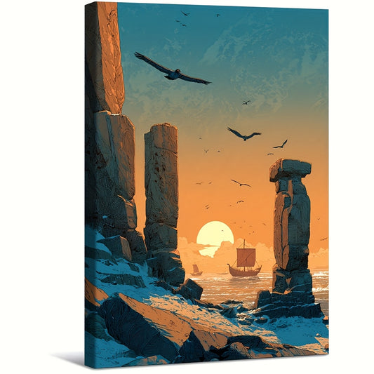 12x16 Inch Norse Viking Rune Framed Canvas Art Print | Ancient Ruins and Viking Longship Landscape | Scandinavian Mythology Wall Decor for Living Room Office or Man Cave