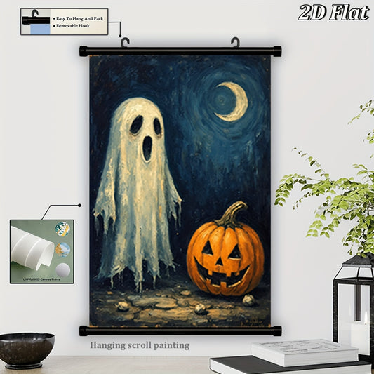 2D Flat 1pc Framed Gothic Jack-o’-Lantern Canvas Wall Art | French-Inspired Dark Blue and Golden Moon Phases | Spooky French Art Deco Decor for Halloween or Christmas
