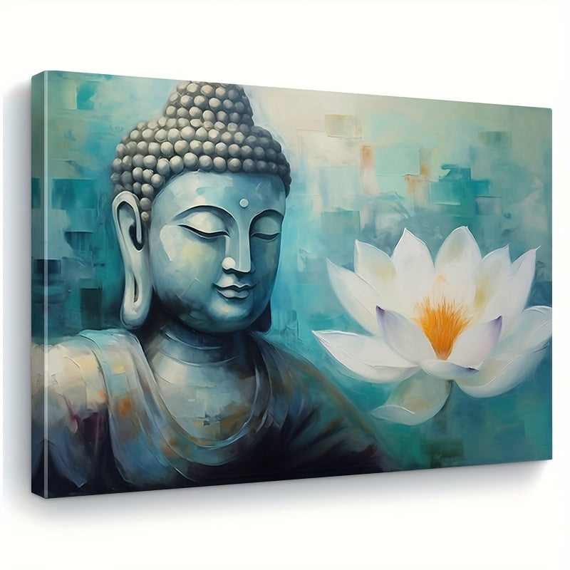 2D Flat Framed Zen Buddha in Lotus Canvas Wall Art | Serene Blue Halo Buddha with White Lotus | Wooden Frame Horizontal Spiritual Decor for Meditation Rooms Yoga Spaces Living Room and Bedroom
