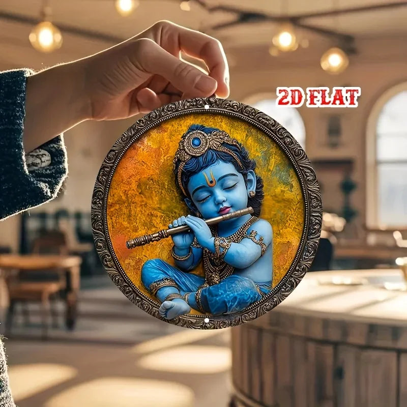 2D Flat Vintage Metal Sign | Graceful Baby Krishna with Flute | Captivating Indian Art for Bars Cafes or Home Decor