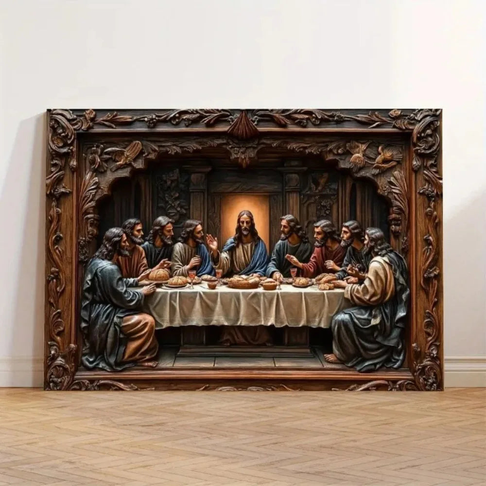2D Last Supper Wooden Framed Canvas Jesus Christ's Last Supper Ready to Hang Spiritual Wall Art for Home Office