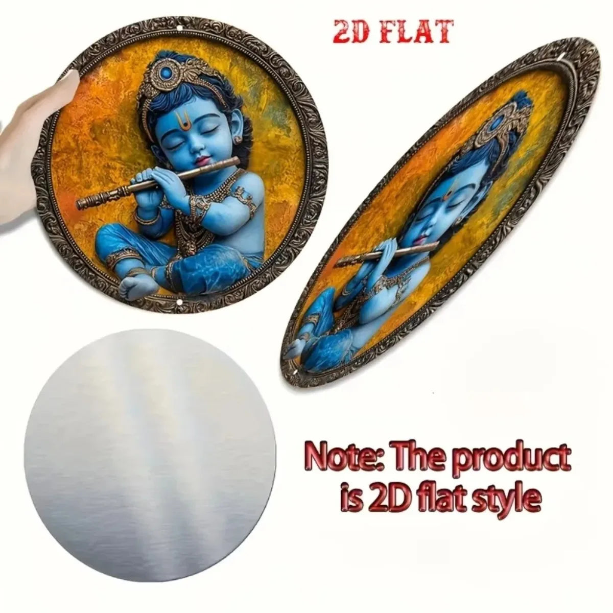 2D Flat Vintage Metal Sign | Graceful Baby Krishna with Flute | Captivating Indian Art for Bars Cafes or Home Decor
