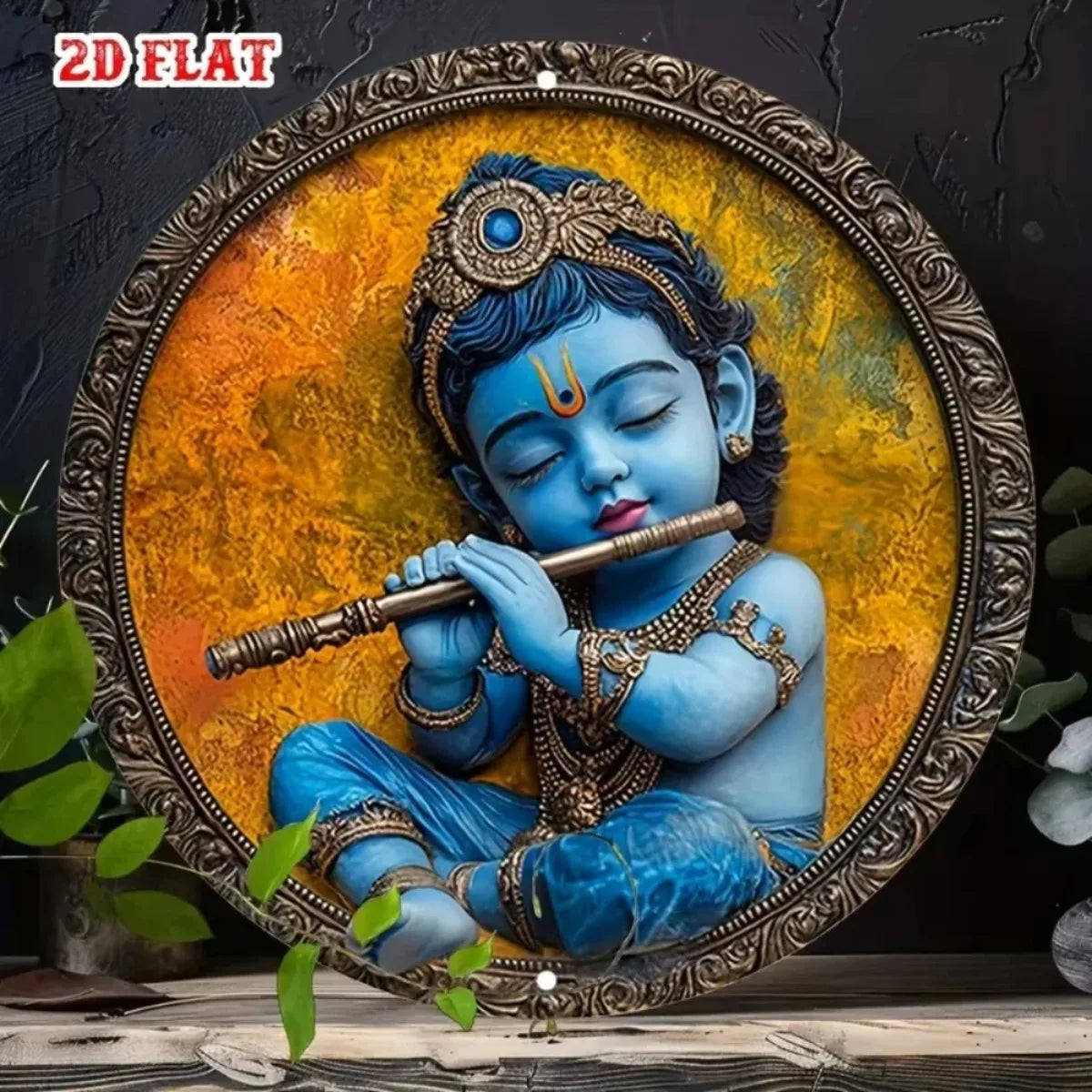 2D Flat Vintage Metal Sign | Graceful Baby Krishna with Flute | Captivating Indian Art for Bars Cafes or Home Decor