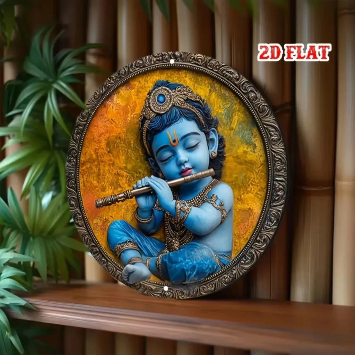 2D Flat Vintage Metal Sign | Graceful Baby Krishna with Flute | Captivating Indian Art for Bars Cafes or Home Decor