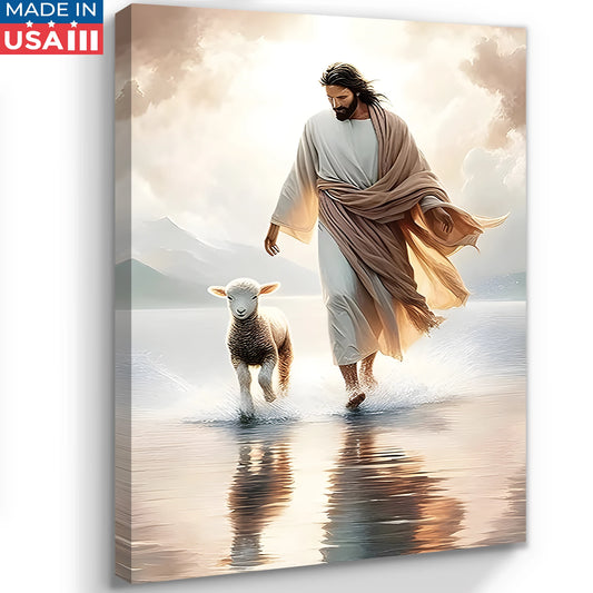 2D Flat Christian Canvas Wall Art A New Day | Jesus Christ Walking on Water with Lamb and Wolf | Inspirational Biblical Artwork for Living Room Bedroom or Office Decor