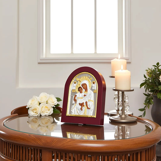 Orthodox Virgin Mary Icon Greek Zinc Alloy Gold-Plated Wooden Frame 7.5 Inch Altar Decoration Spiritual Religious Gift
