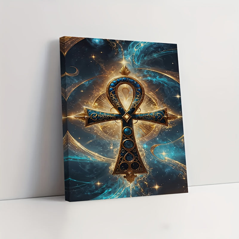 1pc Egyptian Cross Ankh Abstract Canvas Wall Art | Deep Blue and Gold Ancient Egyptian Symbol Print | 2D Flat Cultural Decor for Living Room Bedroom or Home Office