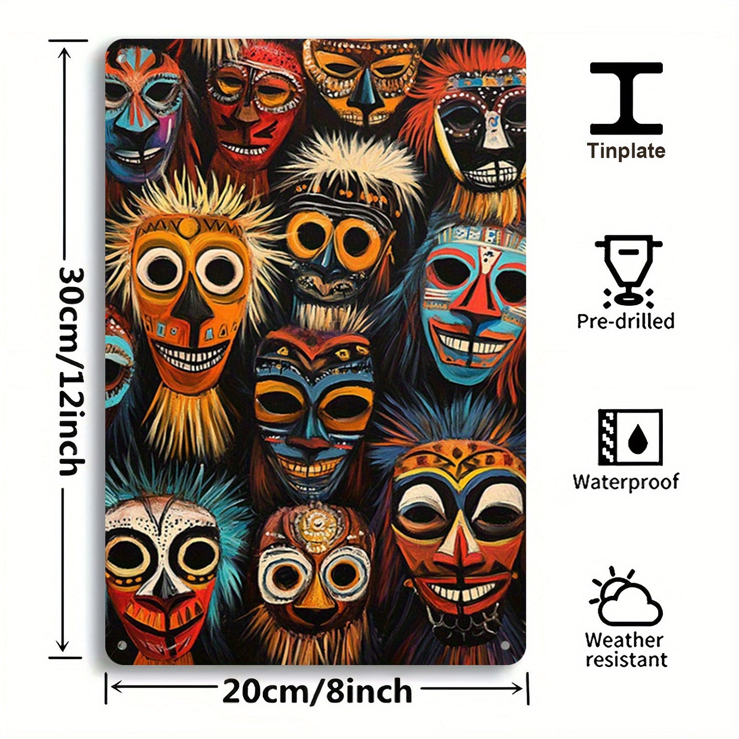 2D Flat African Tribal Mask Metal Sign | 12x8 Inch Cultural Wall Art Poster | Decorative Metal Wall Decor for Living Room Bedroom or Kitchen