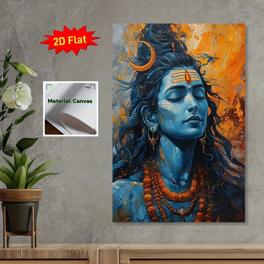 2D Flat 1pc Lord Shiva Hindu Deity Framed Canvas Wall Art | Indian Religious Icon in Blue and Gold | Ready to Hang Scroll Poster Print for Home Temple Office or Dorm | Compatible with Indian Sutra Rods