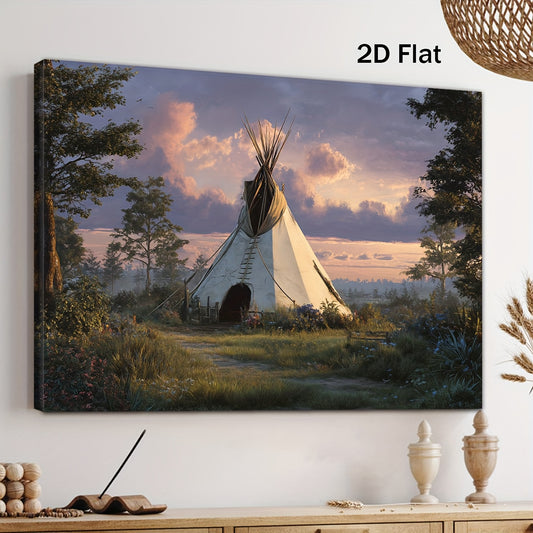 2D Flat 1pc Native American Tipi Canvas Wall Art | Vintage Tepee Painting with Wood Frame | 11.8x15.7 Inch Cultural Decor for Bedroom, Living Room, Bathroom