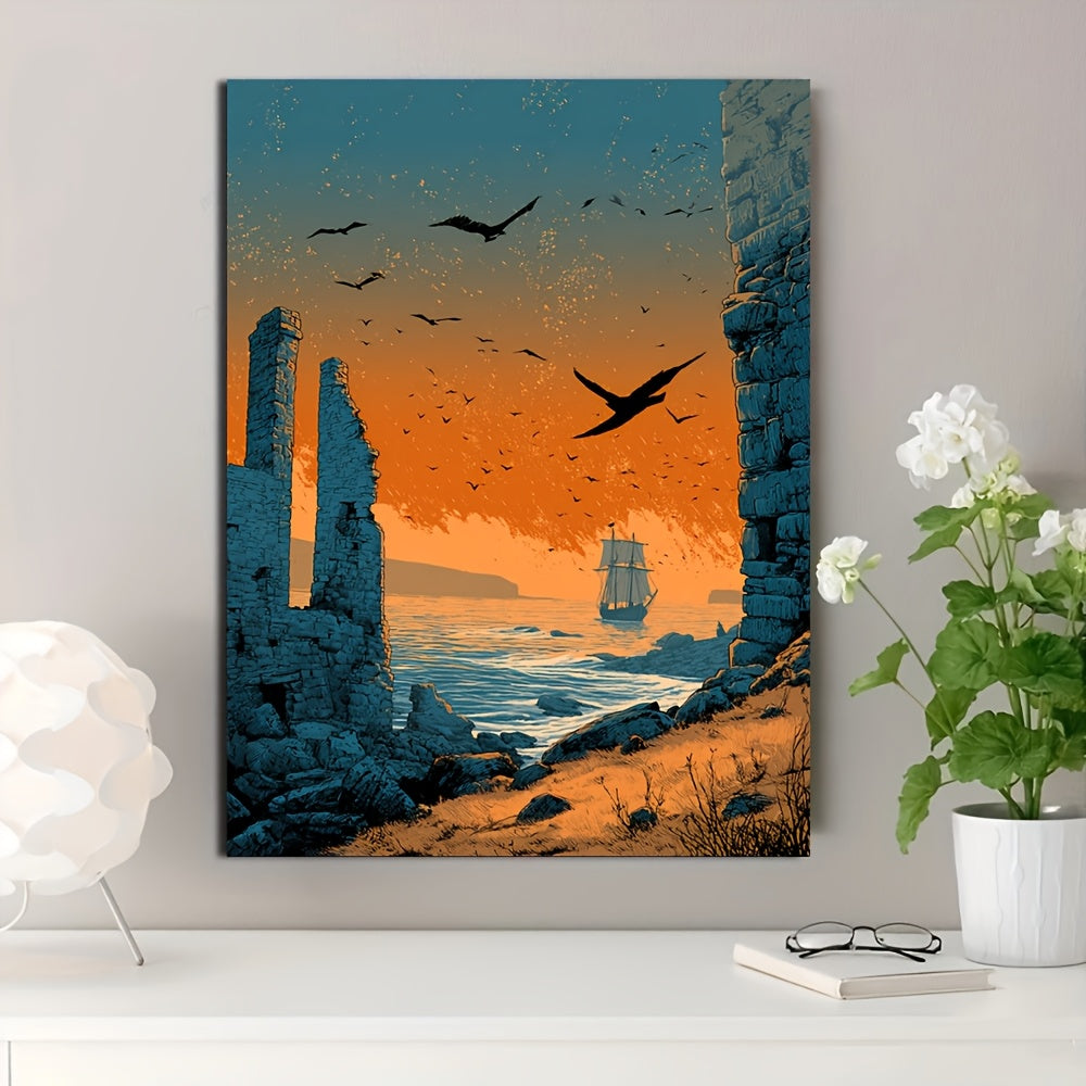 12x16 Inch Norse Viking Rune Framed Canvas Art Print | Ancient Ruins and Viking Ship Landscape in Earthy Orange and Teal | Norse Mythology Wall Decor for Living Room or Office