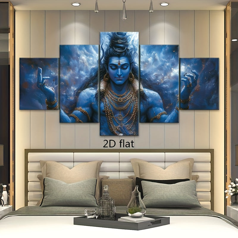 2D Flat 5pcs Frameless Canvas Hindu Shiva Portrait Statue Religious Theme Wall Art Spiritual Home Decor for Living Room Bedroom Office Dining Area Bar