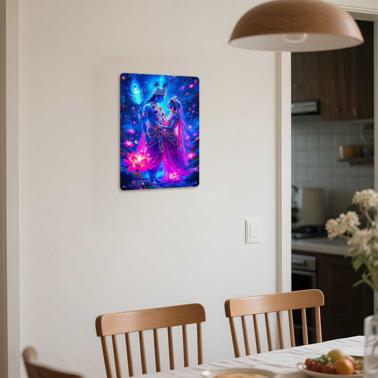 2D Flat 1pc Radha Krishna Divine Radiance Metal Wall Art 12x8" Blue and Pink Deities Starry Night and Lotus Flower Design Spiritual Decor for Meditation Room Living Room Religious Gift