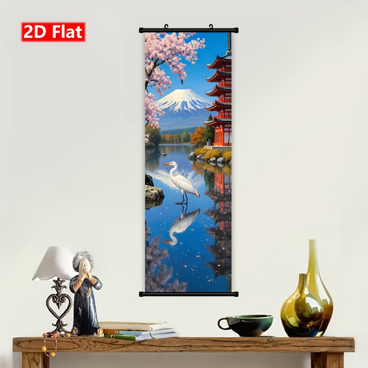 1pc 2D Flat Plastic Hanging Painting White Crane in Lake with Cherry Blossoms Pagoda and Mount Fuji Abstract Wall Art Canvas Vintage Poster Print for Bedroom Office Living Room Wall Decor