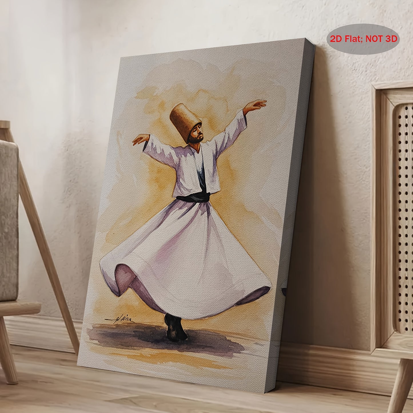 2D Flat 1pc Whirling Dervish Sufi Dance Mystic Turkish Cultural Wall Art Framed Canvas Painting 11.8x15.7 Inch for Bedroom Living Room Bathroom Kitchen Spiritual Gift