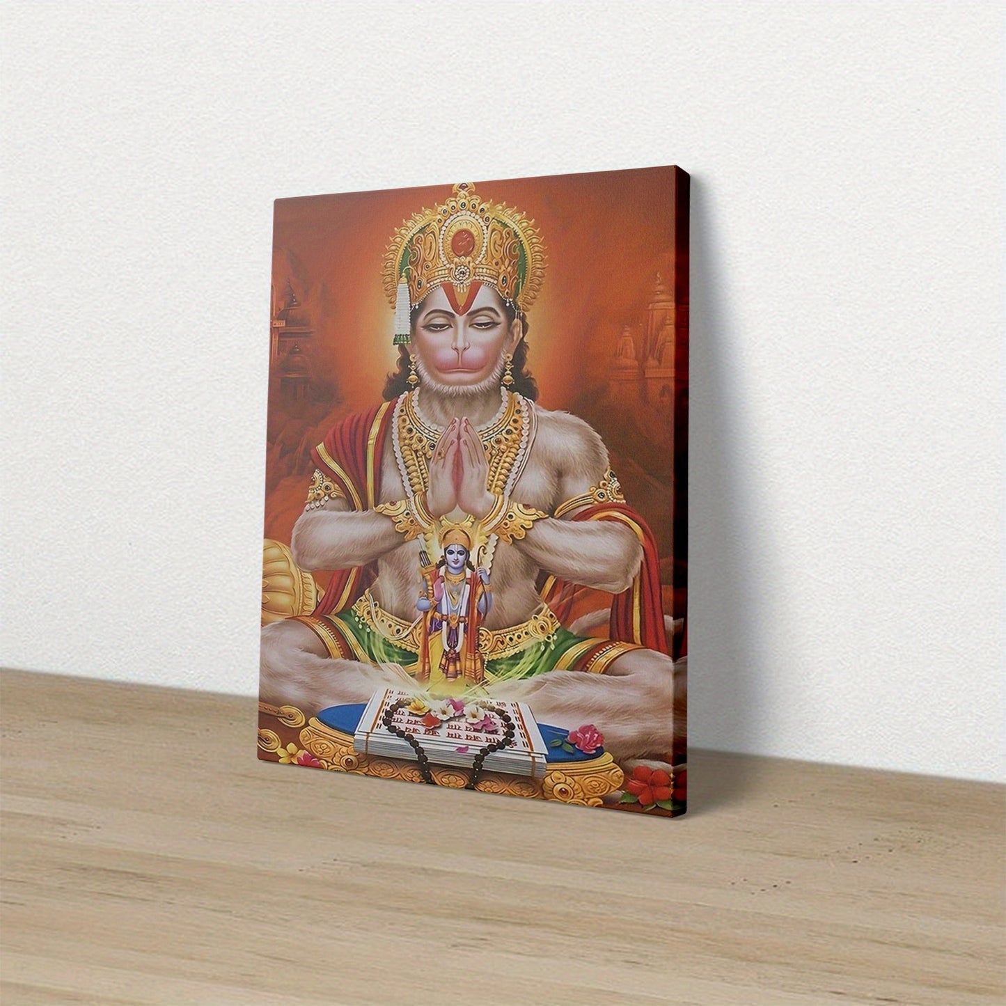 1pc Framed 2D Flat Canvas Artwork Lord Hanuman and Lord Rama Spiritual Wall Art for Living Room Bedroom Office Meditation Room Temple Yoga Studio