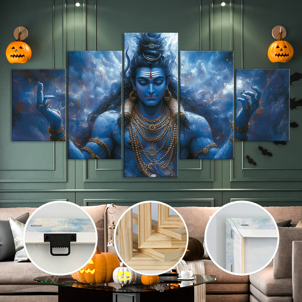 2D Flat 5pcs Frameless Canvas Hindu Shiva Portrait Statue Religious Theme Wall Art Spiritual Home Decor for Living Room Bedroom Office Dining Area Bar