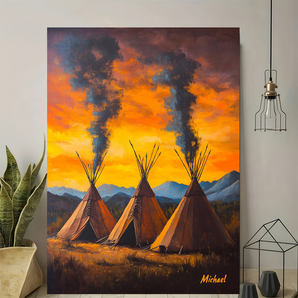 2D Flat, 1pc Native Teepee Sunset Wall Art - Wood Framed Canvas Painting with Turquoise Sky, Teepees & Mountains, Southwest Bohemian Decor for Home, Office, Cabin - Indian Tipi Landscape Print, 2D Flat