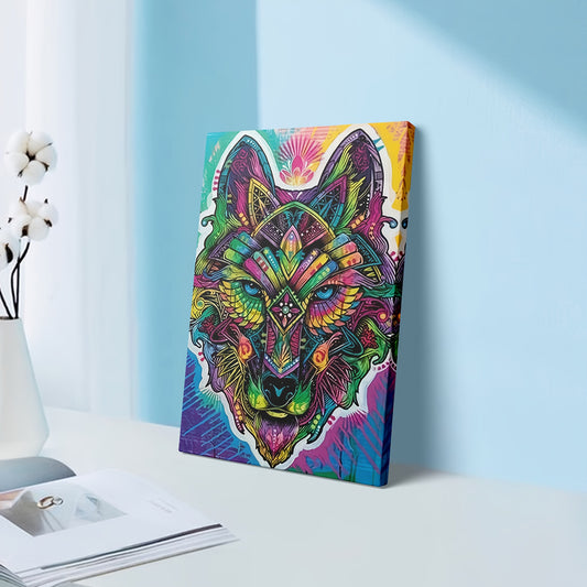 2D Flat 1pc Framed Wolf Shaman Tribal Fantasy Canvas Poster | Neon Tribal Wolf Wall Art | Living Room, Bedroom, Office Decor