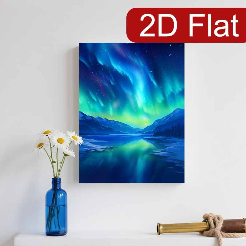 2D Flat 1pc Northern Lights Aurora Borealis Framed Canvas Wall Art | Green and Blue Aurora Over Snowy Mountains | Vertical Landscape Decor