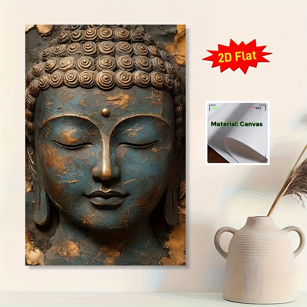 2D Flat 1pc Hanging Scroll Canvas Wall Art Poster | Serene Buddha Face Design in Blue and Brown | Flat Canvas Print for Living Room Office Meditation Spaces | Spiritual Home Decor Gift | Ready to Hang