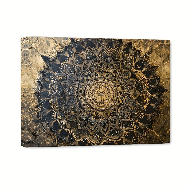 Golden Mandala Canvas Wall Art with Wooden Frame – Elegant Spiritual Floral Design for Living Room, Bedroom & Nursery Decor